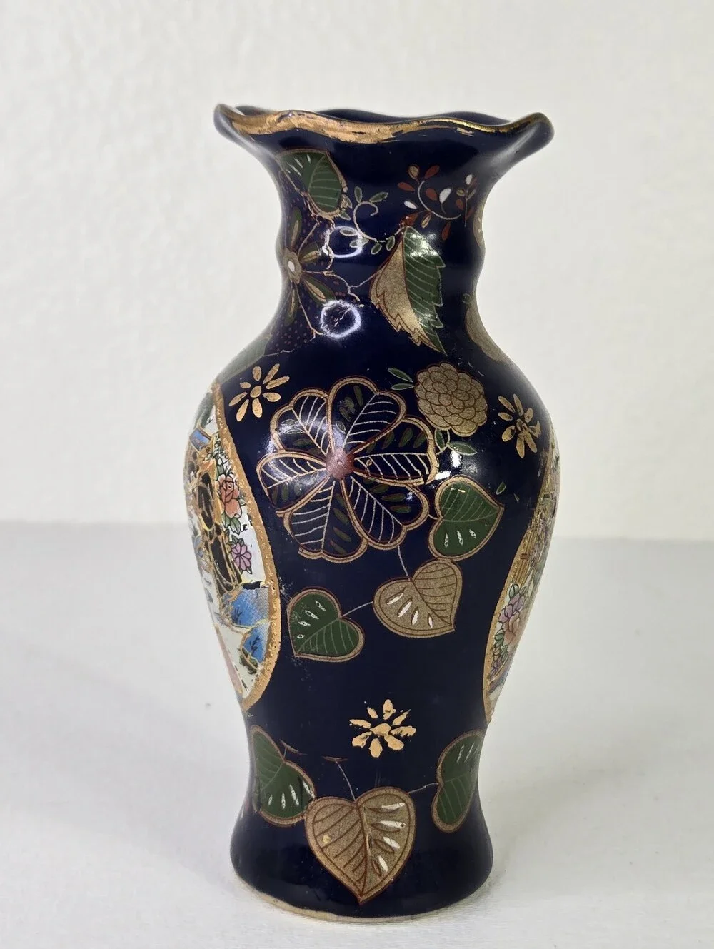 VTG Japanese Satsuma Style Vase Cobalt Blue Gold Hand Painted Geisha Moriage - Picture 3 of 17